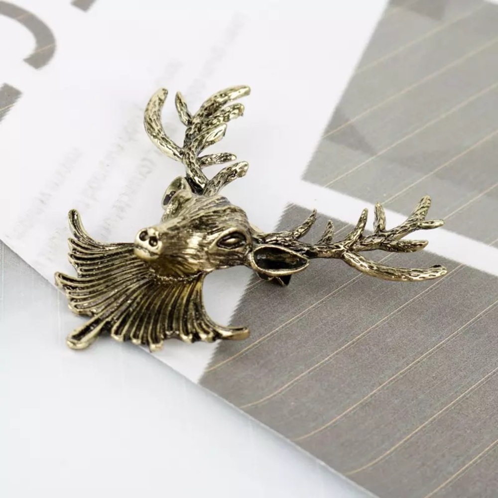 Antiqued Bronze Buck Deer Head Brooch Lapel Pin - Picture 6 of 14